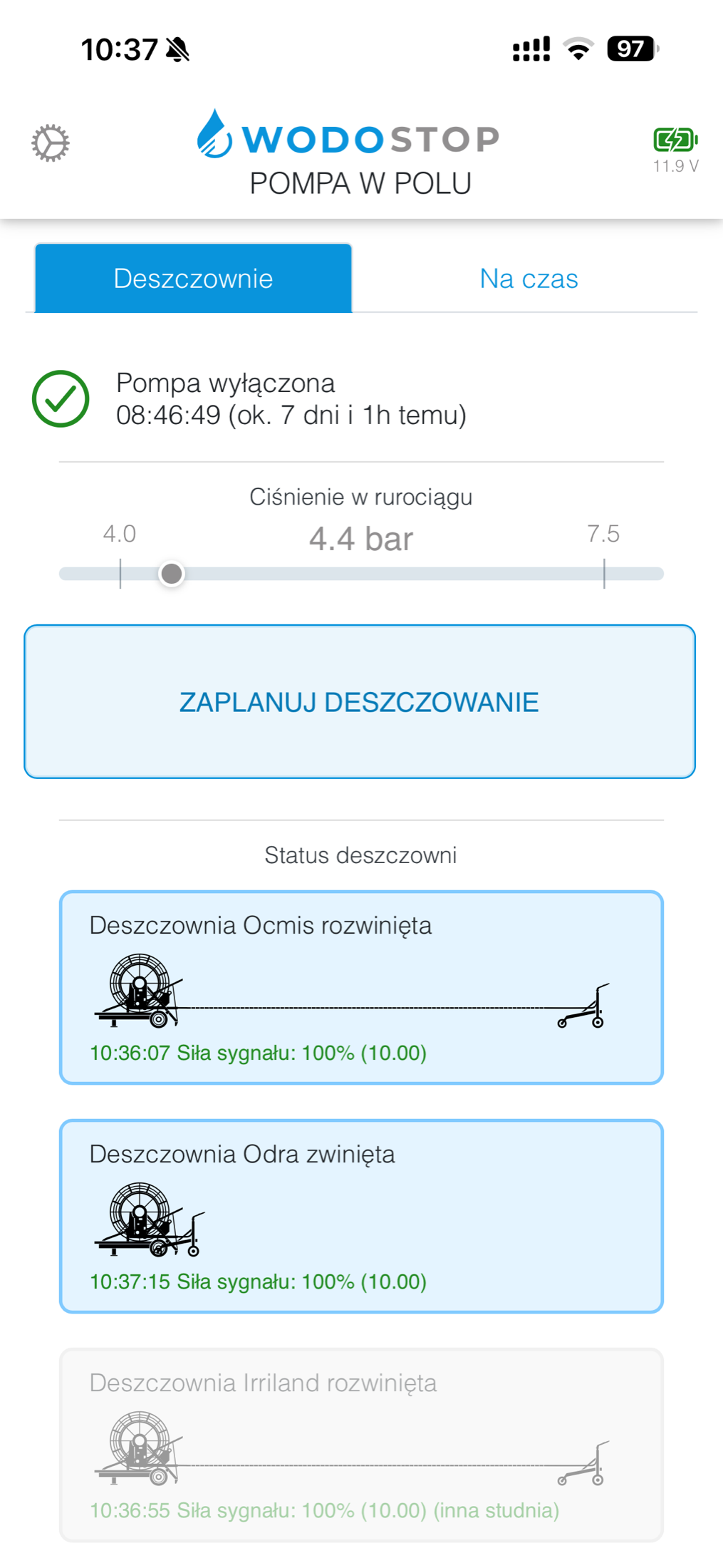 Widok deszczowni w aplikacji WODOSTOP