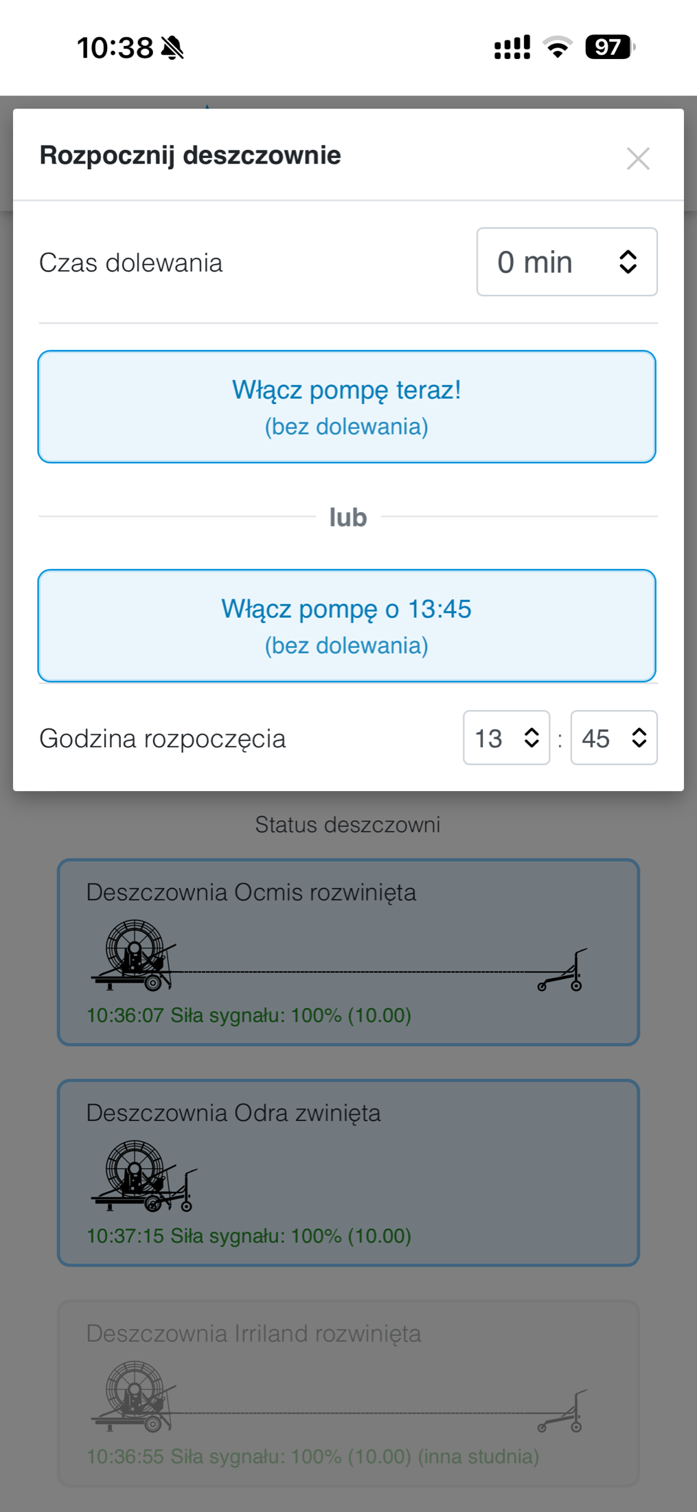 Widok uruchamiania pompy według harmonogramu czasowego