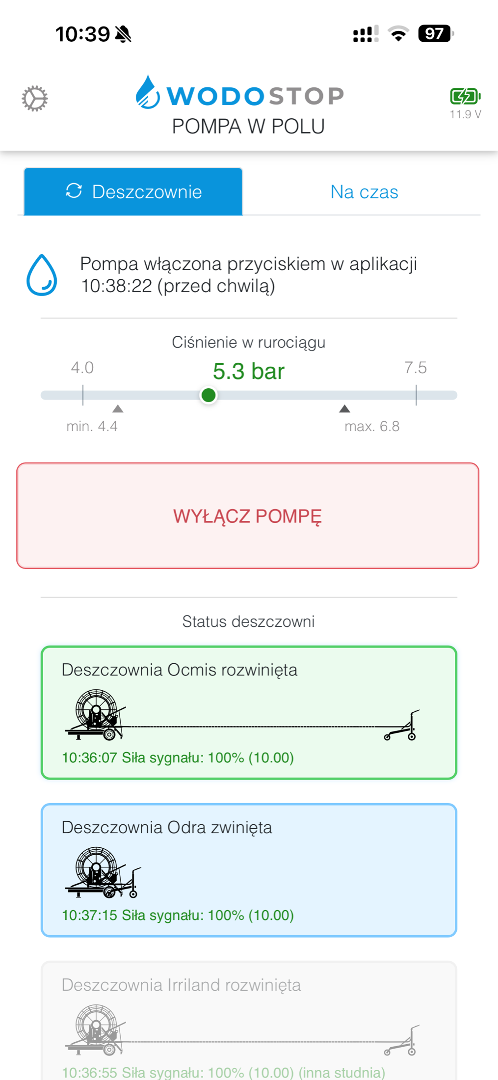 Widok uruchomionej pompy i zakresu prawidłowego ciśnienia