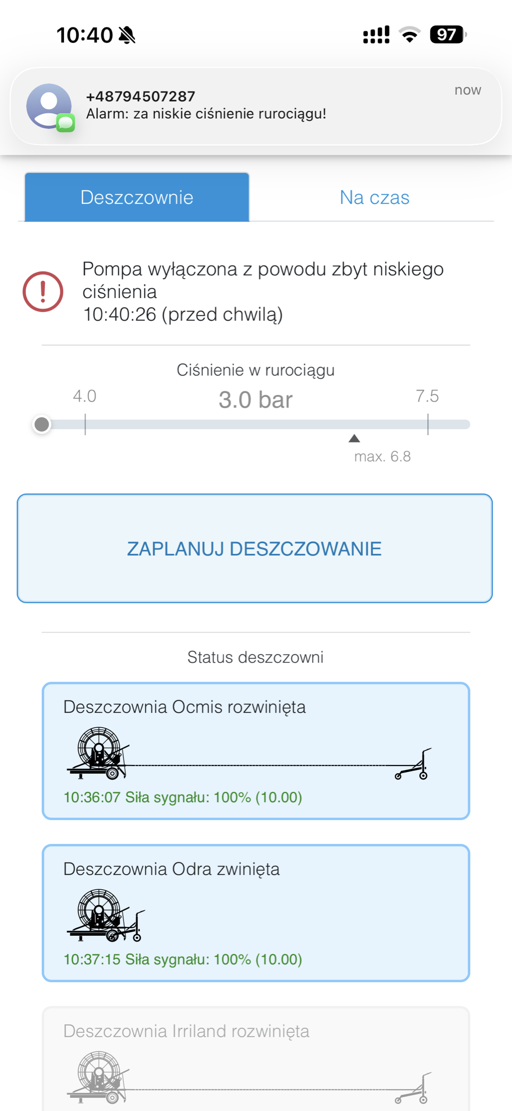 Alarm o zbyt niskim ciśnieniu widoczny w aplikacji i wiadomości SMS